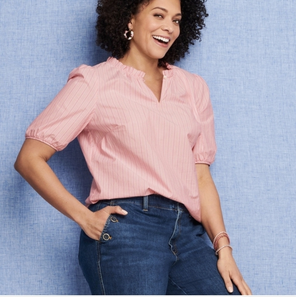 Talbots Pink Puff Sleeve Blouse with Frill Collar-Size M Petite New With Tag